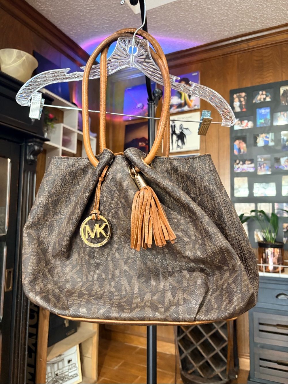 Michael Kors Brown Monogram Drawstring Tote with Tassel Bucket Purse